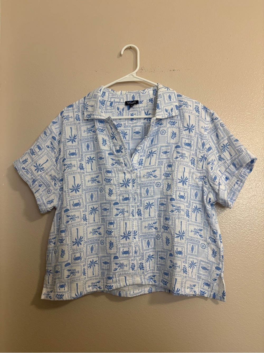 Women’s Splendid Cotton Muslin Beachy Light Blue Tropical Print Costal Cottage L